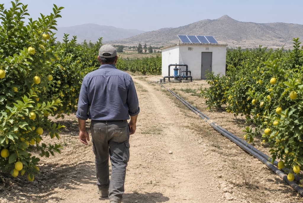 Agricultor caminando entre limoneros hacia una caseta de riego con placas solares