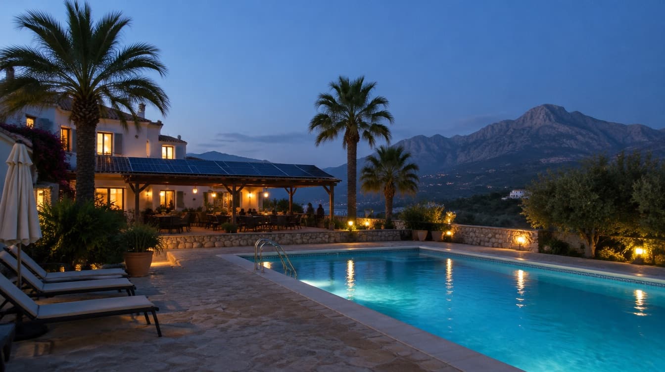 Hotel rural en la Costa Blanca al anochecer, con piscina iluminada y placas solares en la pérgola