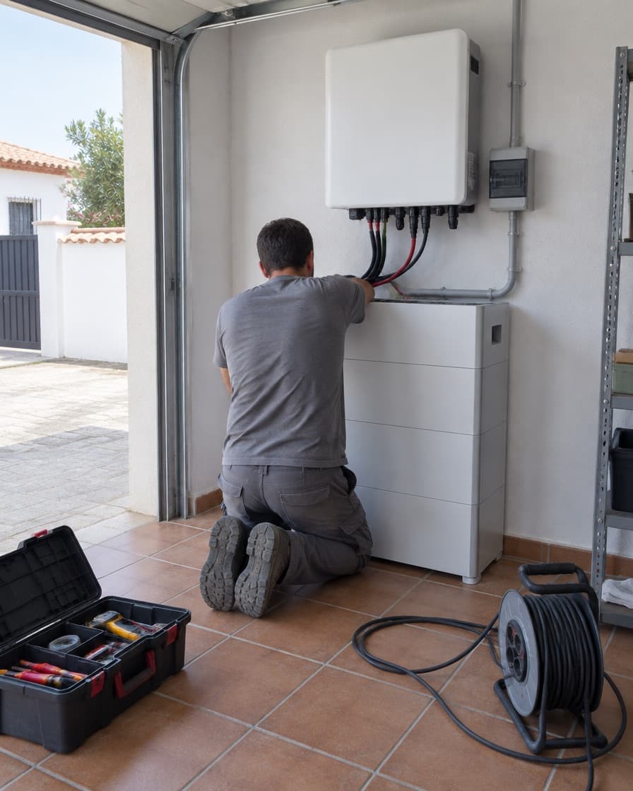 Electricista de espaldas conectando una batería de suelo en un garaje