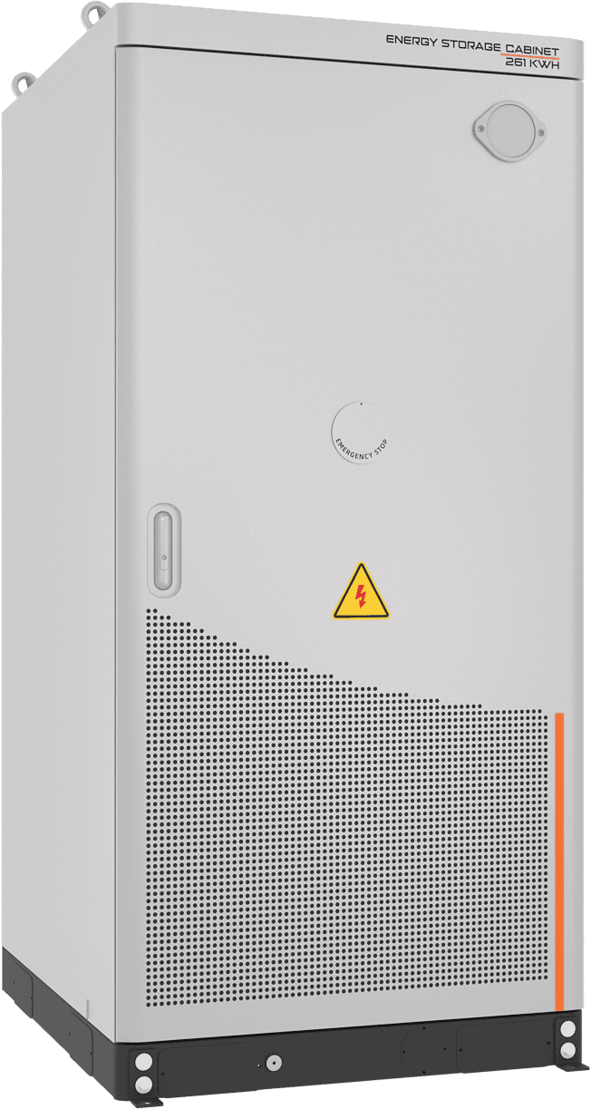Grey outdoor energy storage cabinet with a ventilation grille at the bottom, front view