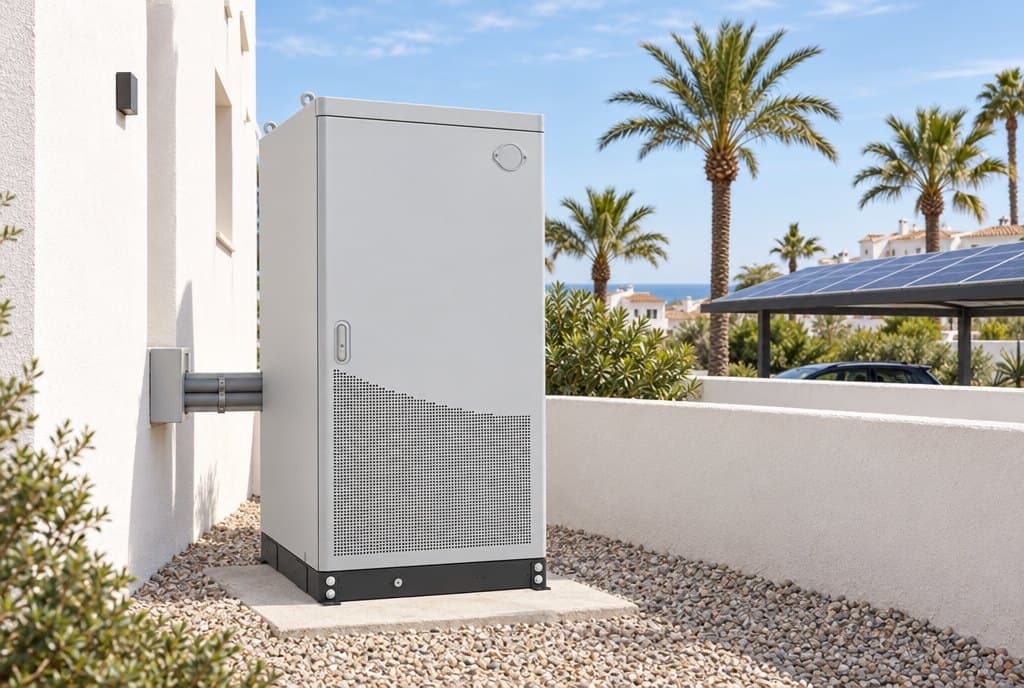 A grey battery cabinet behind a white coastal hotel, with palm trees and a solar carport