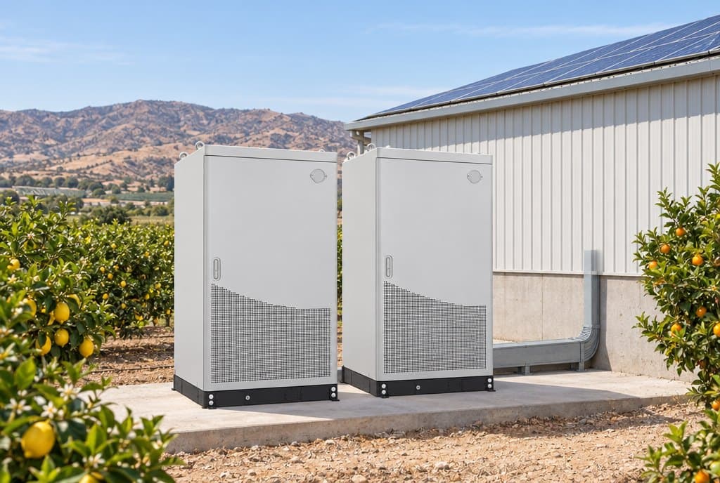 Two grey battery cabinets on a concrete pad next to a farm warehouse with solar panels on the roof, among citrus trees
