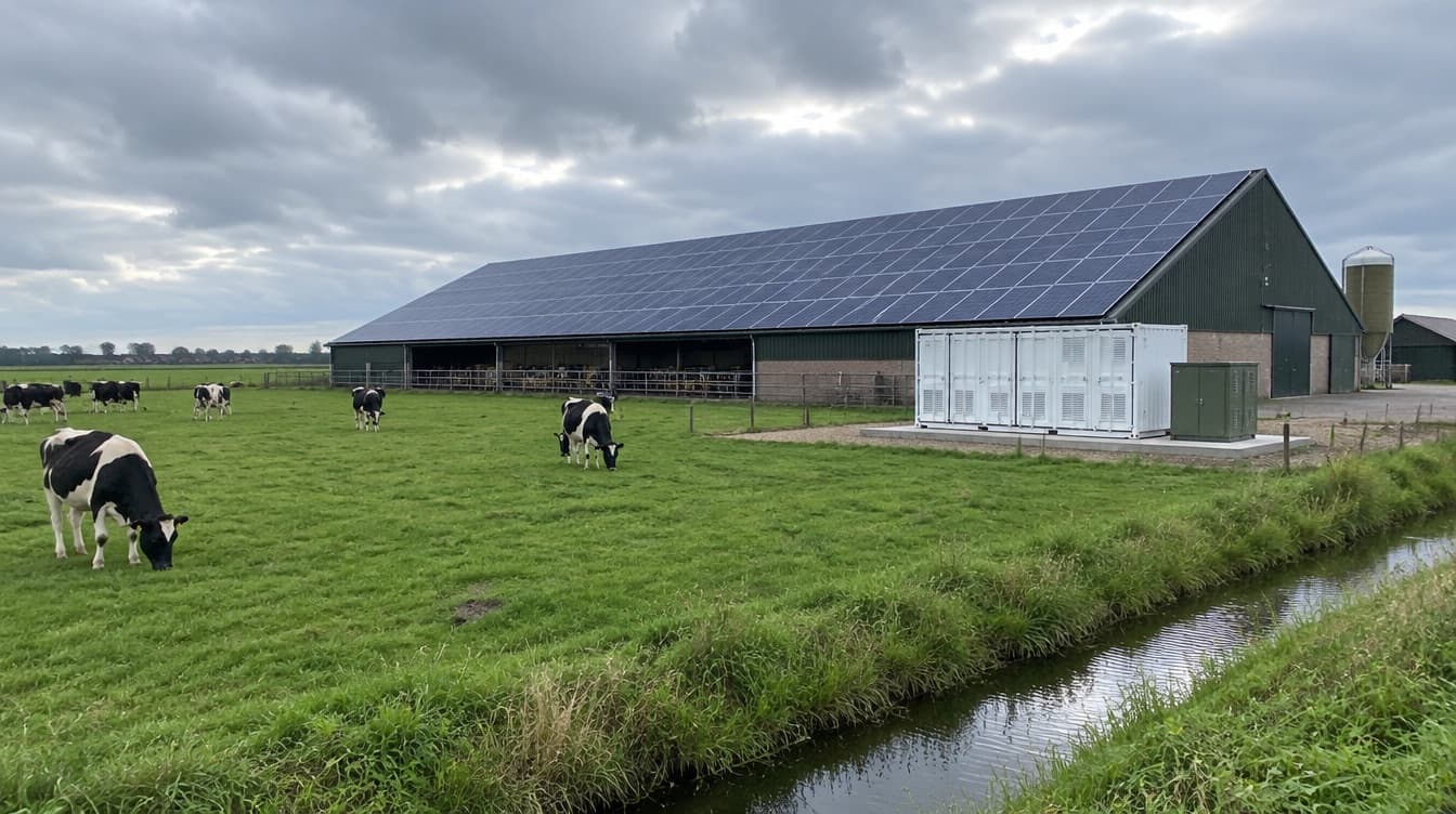 Granja lechera en los Países Bajos con placas en el tejado y un contenedor de baterías junto al establo