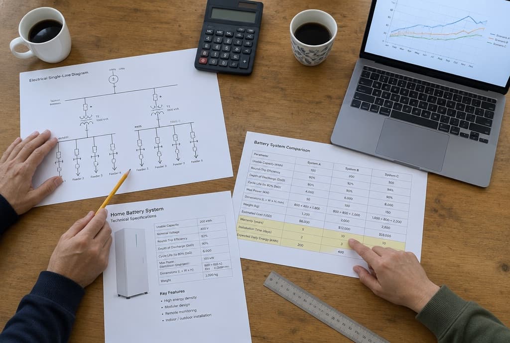 Mesa con esquemas eléctricos unifilares y una tabla comparativa de sistemas de baterías